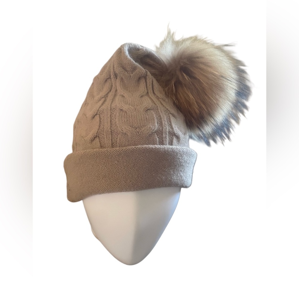 Pink Pineapple Cable knit cashmere beanie tan hat with faux fur pom pom knitwear